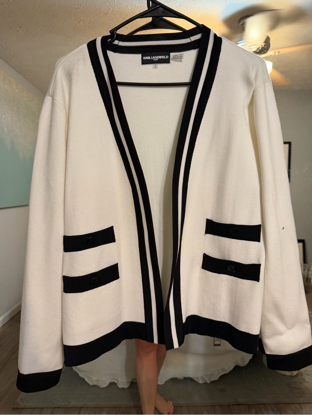 Karl Lagerfeld Cream Cardigan with Black Trim and Pocket Straps